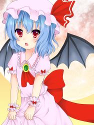 Rule 34 | 1girl, ascot, bad id, bad pixiv id, bat wings, blue hair, bow, brooch, fang, full moon, hachi (hrhr 1983), hat, hat ribbon, highres, jewelry, looking at viewer, mob cap, moon, open mouth, puffy short sleeves, puffy sleeves, red eyes, remilia scarlet, ribbon, short hair, short sleeves, simple background, skirt, skirt hold, skirt set, solo, touhou, wings, wrist cuffs, yellow background