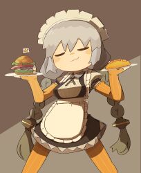Rule 34 | 1girl, :3, absurdres, apron, black dress, blush stickers, braid, breasts, brown background, burger, closed eyes, closed mouth, collared shirt, cross tie, dress, elbow gloves, facing viewer, feet out of frame, food, gloves, grey background, grey hair, hands up, highres, holding, holding plate, kizuna akari, konohoshi, large breasts, legs apart, long hair, low twin braids, maid apron, maid headdress, mini flag, omelet, omurice, orange gloves, orange pantyhose, pantyhose, pinafore dress, plate, puffy short sleeves, puffy sleeves, ribbed shirt, shirt, short dress, short sleeves, simple background, sleeveless, sleeveless dress, smug, solo, standing, twin braids, underbust, vocaloid, voiceroid, white apron, white shirt