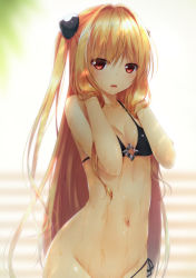 Rule 34 | 10s, 1girl, bad id, bad pixiv id, bikini, black bikini, blonde hair, blush, breasts, cleavage, hair intakes, hair ornament, highres, konjiki no yami, long hair, looking at viewer, navel, open mouth, out-of-frame censoring, pussy, red eyes, shokuyou mogura, shueisha, side-tie bikini bottom, small breasts, solo, swimsuit, to love-ru, to love-ru darkness, twintails, two side up, untied bikini, very long hair, wet