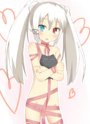 Rule 34 | 1girl, absurdres, bad id, bad pixiv id, blush, cat, ciel sacred, flat chest, green eyes, heart, heterochromia, highres, long hair, looking at viewer, naked ribbon, pixiv fantasia, pixiv fantasia 5, red eyes, ribbon, solo, tazaki hayato, twintails, white hair