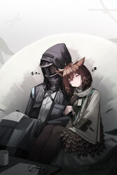 Rule 34 | 1girl, 1other, absurdres, ambiguous gender, arknights, black pantyhose, brown hair, closed eyes, cup, doctor (arknights), feather hair, highres, jacket, kimsuwan2013, leaning on person, official alternate costume, owl ears, owl girl, pantyhose, paper, silence (arknights), silence (frosted breath) (arknights), sleeping, unworn eyewear, winged arms, wings, zzz