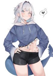 Rule 34 | 1girl, absurdres, bike shorts, black shorts, blue eyes, blue hair, blue hoodie, blush, closed mouth, cowboy shot, cropped hoodie, fins, fish tail, gawr gura, gawr gura (1st costume), hair intakes, hair ornament, hands on own hips, hashtag-only commentary, heart, highres, hololive, hololive english, hood, hood down, hoodie, long sleeves, looking at viewer, medium hair, navel, pepq, shark girl, shark hair ornament, shark tail, shorts, simple background, sleeves past wrists, solo, spoken heart, stomach, tail, thighs, virtual youtuber, white background