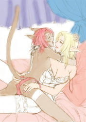 Rule 34 | 00s, 2girls, animal ears, ass, ass grab, bare shoulders, bed, bed sheet, blonde hair, blush, breasts, cat ears, cat girl, cat tail, cleavage, closed eyes, collar, dark-skinned female, dark skin, elf, elvaan, eyebrows, final fantasy, final fantasy xi, fingernails, garter straps, hair intakes, half-closed eyes, hand on another&#039;s head, holding another&#039;s tail, hug, lace, lace-trimmed legwear, lace trim, large breasts, lips, long fingernails, long hair, long pointy ears, looking at another, medium breasts, mithra (ff11), multiple girls, nail polish, nipples, on bed, open mouth, original, panties, parted lips, pillow, pointy ears, red hair, red panties, short hair, side-tie panties, sitting, sketch, spread legs, strap slip, tail, tail fondling, tail grab, thighhighs, topless, underwear, white legwear, yuri