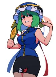 Rule 34 | 1girl, asymmetrical hair, black eyes, black hat, blue hat, blue ribbon, blue vest, bow, bow skirt, breasts, collared vest, cropped legs, fanning, fanning face, fanning self, frilled hat, frills, green hair, hair between eyes, hat, highres, hot, iganashi1, looking to the side, medium breasts, miniskirt, multicolored bow, no pupils, nose, open mouth, raised eyebrow, red ribbon, ribbon, rod of remorse, shiki eiki, short hair, simple background, skirt, sleeveless, solo, stress, sweat, sweatdrop, teeth, touhou, vest, white background