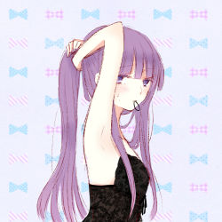 Rule 34 | 1girl, adjusting hair, alternate costume, alternate hairstyle, armpits, bad id, bad pixiv id, blush, bow, highres, long hair, looking at viewer, mouth hold, patchouli knowledge, ponytail, purple eyes, purple hair, ribbon, rubber band, shirt, simple background, solo, sui (camellia), sweat, touhou
