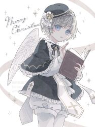 Rule 34 | 1girl, angel wings, bell, blue eyes, book, braid, capelet, cowboy shot, frilled capelet, frills, grey hair, highres, holding, holding book, jacket, long sleeves, looking at viewer, merry christmas, neck bell, neck ribbon, original, pantyhose, parted lips, pom pom (clothes), ribbon, short hair, shorts, solo, sparkle, star (symbol), tilted headwear, white pantyhose, white shorts, white wings, wings, yuge kemuri