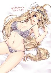 Rule 34 | 1girl, 218, ahoge, bare shoulders, blonde hair, blush, breasts, collarbone, dated, detached sleeves, flower, granblue fantasy, groin, hair flower, hair intakes, hair ornament, hairband, jeanne d&#039;arc (granblue fantasy), large breasts, lingerie, long hair, lying, navel, open mouth, solo, twitter username, underwear, underwear only