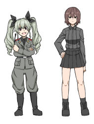Rule 34 | 10s, 2girls, anchovy (girls und panzer), anzio military uniform, bad id, bad pixiv id, black skirt, boots, bow, brown hair, crossed arms, drill hair, fang, girls und panzer, green hair, hair bow, hand on own hip, highres, kuromorimine military uniform, looking at viewer, miniskirt, multiple girls, nishizumi maho, open mouth, pleated skirt, riding crop, short hair, simple background, skirt, tuskryo, twin drills, twintails, white background