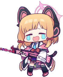 Rule 34 | 1girl, absurdres, animal ear headphones, animal ears, assault rifle, battle rifle, black skirt, black thighhighs, blonde hair, blue archive, blue necktie, bow, chibi, closed eyes, collared shirt, facing viewer, fake animal ears, full body, gun, h&amp;k g3, hair bow, halo, headphones, highres, holding, holding gun, holding weapon, jacket, long sleeves, momoi (blue archive), necktie, off shoulder, open mouth, panatisia, pink footwear, red bow, rifle, shirt, shoes, sidelocks, simple background, skirt, sleeves past wrists, solo, standing, suspender skirt, suspenders, tail, tears, thighhighs, wavy mouth, weapon, white background, white jacket, white shirt, wide sleeves