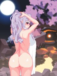 Rule 34 | 1girl, armpits, arms up, ass, back, blush, breasts, bunching hair, cherry blossoms, covering privates, cowboy shot, from behind, full moon, grey hair, hand in own hair, hands in hair, highres, holding, holding hair, hothot148, idolmaster, idolmaster (classic), large breasts, long hair, looking at viewer, looking back, moon, naked towel, night, night sky, nude, nude cover, onsen, outdoors, pixel art, ponytail, purple eyes, rock, shijou takane, sideboob, sky, solo, towel, tree, water