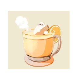 Rule 34 | animal, bear, chai (drawingchisanne), cinnamon stick, commentary request, cup, drink, drinking glass, food, food focus, fruit, glass, holding, juice, no humans, orange (fruit), orange juice, orange slice, original, partially submerged, polar bear, signature, simple background, steam, undersized animal