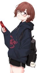 Rule 34 | 1girl, absurdres, airpods, backpack, bag, bespectacled, black-framed eyewear, black shirt, black shorts, blush, brown hair, cellphone, dolphin shorts, glasses, hand in pocket, highres, higuchi madoka, holding, holding phone, idolmaster, idolmaster shiny colors, looking at viewer, looking to the side, phone, red eyes, shirt, short shorts, shorts, simple background, solo, vayneeeee, white background, wireless earphones
