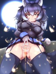 Rule 34 | 1girl, absurdres, anus, black hair, censored, dire wolf (kemono friends), garter straps, highres, kemono friends, looking down, no panties, peeing, pussy, smile, solo, spread pussy, standing, thighhighs, y-san (yoshino yuuri)
