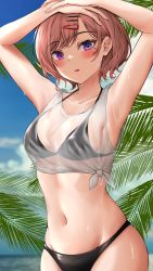 Rule 34 | 1girl, absurdres, armpits, arms up, bikini, bikini under clothes, black bikini, blue sky, blush, breasts, brown hair, cloud, collarbone, commentary, day, hair ornament, hairclip, highres, higuchi madoka, idolmaster, idolmaster shiny colors, lds (dstwins97), looking at viewer, medium breasts, mole, mole under eye, navel, outdoors, purple eyes, revision, see-through, shirt, short hair, sky, solo, standing, stomach, sweat, swimsuit, swimsuit under clothes, tied shirt