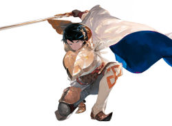 Rule 34 | 1boy, alfonse (fire emblem), armor, blue eyes, blue hair, cape, clenched teeth, fire emblem, fire emblem heroes, full body, gloves, holding, holding sword, holding weapon, kneeling, looking at viewer, male focus, multicolored hair, nintendo, on one knee, scale armor, short hair, simple background, solo, sword, teeth, u (pikopicoufo), weapon, white background