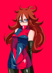 Rule 34 | 1girl, android 21, bare shoulders, black-framed eyewear, blue eyes, breasts, brown hair, curly hair, detached sleeves, dragon ball, dragon ball fighterz, dress, earrings, glasses, hoop earrings, jewelry, long hair, looking at viewer, medium breasts, nail polish, pantyhose, red background, red hair, simple background, smile, solo, warabimochi