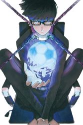 Rule 34 | 1boy, ball, black hair, blue lock, bowl cut, chain, cleaned, closed mouth, collar, ego jinpachi, glasses, grey eyes, hologram, looking at viewer, nomura yuusuke, official art, short hair, simple background, sitting, soccer ball, textless version, white background