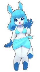 Rule 34 | 1girl, animal ears, bikini, blue bikini, blue hair, blue skin, blush, breasts, collarbone, colored skin, commission, creatures (company), full body, furry, furry female, game freak, gen 4 pokemon, glaceon, highres, jupiter europe, looking at viewer, multicolored hair, navel, nintendo, open mouth, personification, pokemon, pokemon (creature), short hair, short ponytail, sidelocks, small breasts, smile, solo, swimsuit, two-tone hair, white skin