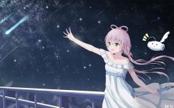 Rule 34 | 1girl, arm up, bare shoulders, blush, bow, closed umbrella, dress, green eyes, hair between eyes, hair bow, hair ornament, hair rings, highres, long hair, long image, looking away, low twintails, luo tianyi, night, night sky, open mouth, outstretched arms, purple hair, shooting star, sky, star (sky), twintails, umbrella, user grvk5822, vocaloid, vsinger, white dress, wide image, x hair ornament