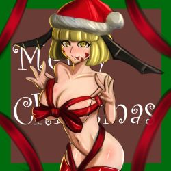 Rule 34 | 1girl, blonde hair, breasts, christmas, duel monster, female focus, fortune lady, fortune lady light, hat, highres, kemurin, large breasts, nude, shiny skin, short hair, smile, tongue, tongue out, yellow eyes, yu-gi-oh!, yu-gi-oh! duel monsters