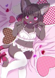 Rule 34 | 1girl, absurdres, animal ears, black hair, blush, bow, cat ears, cat girl, cat tail, female focus, furry, furry female, heart, highres, kemoribon, lingerie, looking at viewer, lying, microskirt, midriff, navel, on back, on bed, open mouth, original, paw pose, pink eyes, skirt, solo, tail, tail bow, tail ornament, thighhighs, underwear, white thighhighs