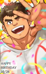 Rule 34 | 1boy, :d, bad id, bad pixiv id, bara, birthday, blurry, blurry foreground, blush, brown hair, confetti, dark-skinned male, dark skin, facial hair, goatee, goatee stubble, hand up, happy, happy birthday, large pectorals, long sideburns, looking at viewer, male focus, muscular, muscular male, one eye closed, open mouth, oskn tengoku, pectorals, shirt, short hair, sideburns, smile, solo, stubble, t-shirt, takabushi kengo, thick eyebrows, tokyo houkago summoners, upper body, v-shaped eyebrows