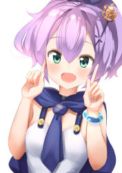 Rule 34 | 1girl, :d, ame., azur lane, blush, breasts, camisole, commentary request, crown, green eyes, hair between eyes, hair ornament, hair ribbon, hands up, high ponytail, highres, index finger raised, javelin (azur lane), leaning to the side, looking at viewer, mini crown, open mouth, ponytail, purple hair, purple ribbon, ribbon, short hair, simple background, small breasts, smile, solo, tilted headwear, upper body, white background, white camisole