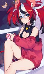Rule 34 | 1girl, animal ear fluff, animal ears, bare legs, bare shoulders, black hair, blue eyes, blush, cleavage cutout, clothing cutout, collar, commentary, crescent moon, cup, dice hair ornament, earclip, english commentary, hair between eyes, hair ornament, hakos baelz, heart, heart print, highres, holding, holding cup, hololive, hololive english, long hair, long sleeves, looking at viewer, moon, mouse ears, mug, mug writing, multicolored hair, night, red hair, sitting, smile, solo, spiked collar, spikes, split mouth, streaked hair, twintails, twitter username, virtual youtuber, white hair, window, yoako