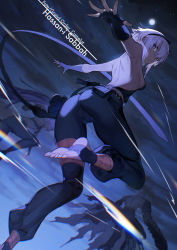 Rule 34 | 1boy, 2girls, ainezu, assassin (fate/zero), bare back, bare shoulders, barefoot, between fingers, dark-skinned female, dark skin, fate/grand order, fate/prototype, fate/prototype: fragments of blue and silver, fate (series), female assassin (fate/zero), fingerless gloves, from behind, gloves, hassan of serenity (fate), hassan of the cursed arm (fate), highres, holding, looking at viewer, multiple girls, purple eyes, purple hair, short hair, toeless legwear, weapon