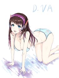 Rule 34 | 1girl, :d, absurdres, all fours, alternate eye color, animal print, artist request, ass, bare shoulders, bikini, blue bikini, blush, breasts, brown hair, butt crack, character name, cleavage, covered erect nipples, d.va (overwatch), facepaint, facial mark, headphones, highres, kiriko (araragikoyomi), large breasts, long hair, looking at viewer, on floor, open mouth, overwatch, overwatch 1, rabbit, rabbit print, smile, solo, swimsuit, whisker markings