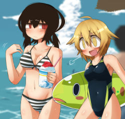 Rule 34 | 2girls, ahoge, bare shoulders, bikini, black hair, blonde hair, blush, breast envy, breasts, cleavage, competition swimsuit, food, frown, konohana saku, large breasts, mel (kibana tsuitachi), multiple girls, navel, one-piece swimsuit, open mouth, original, red eyes, shaved ice, short hair, short twintails, slit pupils, smile, stripe (kibana tsuitachi), striped bikini, striped clothes, swimsuit, twintails, yellow eyes