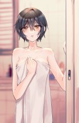 Rule 34 | 1girl, bad id, bad pixiv id, bathroom, black hair, blurry, blurry background, collarbone, commentary, covering privates, d4dj, giraffe three, hair between eyes, hands up, highres, looking at viewer, miyake aoi, naked towel, nude cover, parted lips, short hair, solo, towel, upper body, wet, wet hair, yellow eyes