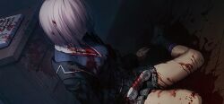 Rule 34 | 1girl, bleeding, blood, blood on clothes, blood on hands, blood splatter, breasts, corpse, death, fate/grand order, fate (series), game cg, long sleeves, mash kyrielight, murder, official art, pink hair, pleated skirt, pool of blood, purple hair, school uniform, shirt, short hair, skirt, solo, string phone