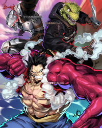 Rule 34 | 3boys, abs, armor, black hair, black jacket, caiman (dorohedoro), chamba, collaboration, commentary, crossover, dorohedoro, dual wielding, edwin huang, english commentary, furry, furry male, gear fourth, glowing, glowing eye, goblin slayer, goblin slayer!, helmet, highres, holding, holding sword, holding weapon, hood, hooded jacket, jacket, lizardman, long vo, making-of available, male focus, monkey d. luffy, multiple boys, muscular, muscular male, one piece, open hand, pectorals, red eyes, rope necklace, smile, smoke, sword, twitter username, weapon