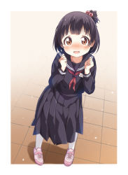 Rule 34 | black hair, black sailor collar, black serafuku, black skirt, blush, brown eyes, clenched hands, commentary request, from above, hair bobbles, hair ornament, hands up, highres, idolmaster, idolmaster million live!, long skirt, long sleeves, looking at viewer, nakatani iku, name tag, neckerchief, open mouth, pink footwear, pleated skirt, red neckerchief, sailor collar, school uniform, serafuku, shoes, short hair, simple background, skirt, sneakers, socks, solo, toma (shinozaki), white socks
