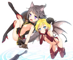 Rule 34 | 2girls, animal ears, bare arms, bare shoulders, black dress, black footwear, blonde hair, blue eyes, blush, boots, breasts, brown gloves, brown wings, cat ears, cat girl, cat tail, closed mouth, commentary request, curled horns, demon girl, demon horns, demon tail, demon wings, dress, elbow gloves, fang, full body, gloves, grey hair, hands on own cheeks, hands on own face, high heel boots, high heels, highres, holding, holding shield, horns, knee boots, kutata, looking at viewer, looking to the side, multiple girls, naked tabard, navel, open mouth, original, pouch, purple eyes, red footwear, red gloves, red legwear, revealing clothes, sheath, shield, side slit, sideboob, sleeveless, sleeveless dress, sword, tabard, tail, the elder scrolls, the elder scrolls v: skyrim, thigh boots, thighhighs, weapon, white background, wings