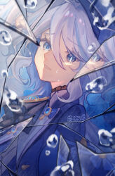 1girl absurdres artist_name ascot blue_ascot blue_eyes blue_gemstone blue_hair blue_hat blue_jacket broken_glass commentary crying dated drop-shaped_pupils english_commentary from_side furina_(genshin_impact) gem genshin_impact glass hat heterochromia highres jacket light_blue_hair long_hair looking_at_viewer miraku39 multicolored_hair parted_lips solo streaked_hair symbol-shaped_pupils tears upper_body white_hair