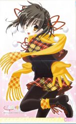 Rule 34 | 10s, 1girl, :d, black hair, black pantyhose, boots, capelet, copyright name, finalist, fringe trim, gloves, hair ribbon, highres, mario kaneda, mittens, open mouth, outstretched arm, pantyhose, plaid, plaid skirt, pom pom (clothes), ribbon, sakoi wakana, scan, scarf, skates, skirt, smile, solo, yellow eyes, yellow gloves, yellow scarf