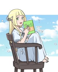 Rule 34 | 1girl, :d, alternate costume, barefoot, blonde hair, book, chair, commentary request, creatures (company), dated, eyelashes, falling petals, from side, game freak, green eyes, highres, holding, holding book, lillie (pokemon), long hair, looking at viewer, looking to the side, nintendo, one-hour drawing challenge, open mouth, petals, pokemon, pokemon (anime), pokemon sm (anime), signature, sitting, smile, solo, tamura (kouititamura), toes