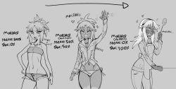 Rule 34 | 3girls, :d, ^ ^, absurdres, apron, bikini, bikini tan, blush, breasts, closed eyes, commentary, dark-skinned female, dark skin, denim, english commentary, english text, fang, fate/apocrypha, fate/grand order, fate (series), glaring, greyscale, hairband, hand on own hip, heart, highres, hood, hooded jacket, jacket, jeans, jewelry, long hair, looking at viewer, midriff, minkye, monochrome, mordred (fate), mordred (fate) (all), mordred (fate/apocrypha), mordred (swimsuit rider) (fate), mordred (swimsuit rider) (second ascension) (fate), multiple girls, navel, open mouth, pants, ponytail, ring, short shorts, shorts, sketch, small breasts, smile, spoon, sweater, swimsuit, tan, tanline, waving, wedding band