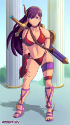 Rule 34 | 1girl, absurdres, arm behind back, assentlov, athena (series), bikini, breasts, cleavage, feet, fingerless gloves, gloves, highres, large breasts, looking at viewer, navel, princess athena, psycho soldier, purple eyes, purple hair, shield, smile, snk, solo, swimsuit, thighs, weapon