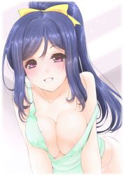 Rule 34 | 10s, 1girl, :d, all fours, areola slip, bare shoulders, blue hair, blush, bow, breasts, breasts squeezed together, cleavage, collarbone, covered erect nipples, downblouse, foreshortening, frapowa, grin, hair bow, hanging breasts, large breasts, long hair, looking at viewer, love live!, love live! sunshine!!, matsuura kanan, no bra, off shoulder, open mouth, panties, parted bangs, parted lips, pink panties, ponytail, purple eyes, sidelocks, sleeveless, smile, solo, sparkle, strap slip, tank top, teeth, underwear, yellow bow