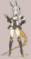Rule 34 | 10s, 1girl, 2016, armor, artist name, breasts, cleavage, commentary request, dated, faulds, gauntlets, genderswap, genderswap (mtf), greaves, hand on own hip, index finger raised, jpeg artifacts, la pucelle (mahoiku), mahou shoujo ikusei keikaku, mahou shoujo ikusei keikaku unmarked, medium breasts, ooyari ashito, signature, simple background, sketch, smile, solo, standing, tail