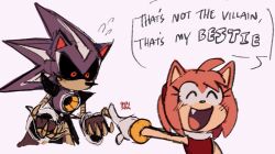 Rule 34 | 1boy, 1girl, 9474s0ul, amy rose, animal ears, animal nose, blush, bracelet, closed eyes, commentary, english commentary, english text, fang, furry, furry female, gloves, highres, jewelry, looking at another, metal sonic, neo metal sonic, open mouth, pointing, pointing at another, red eyes, robot, simple background, smile, sonic (series), speech bubble, white background, white gloves