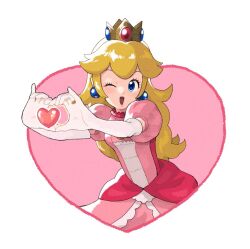 Rule 34 | 1girl, blonde hair, crown, dress, earrings, heart, highres, jewelry, jors, lipstick, looking at viewer, makeup, mario (series), nintendo, one eye closed, open mouth, outstretched arms, pink dress, pink lips, princess peach, solo, sphere earrings, super smash bros.