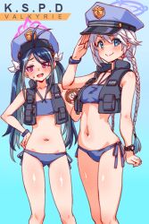 Rule 34 | 2girls, :d, bare arms, bare legs, bare shoulders, bikini, blue archive, blue background, blue bikini, blue eyes, blue hair, blue headwear, blush, bracelet, braid, breasts, bulletproof vest, collarbone, commentary request, cosplay, cowboy shot, cropped vest, doughnut, food, fubuki (blue archive), grey hair, groin, hair between eyes, hair ornament, hand on own hip, hat, holding, holding food, jewelry, kirino (blue archive), long hair, looking at viewer, multiple girls, navel, oonishi shunsuke, open mouth, peaked cap, police, police hat, police uniform, policewoman, red eyes, salute, side-tie bikini bottom, simple background, small breasts, smile, standing, stomach, sweatdrop, swimsuit, twin braids, uniform, valkyrie police academy student (blue archive), valkyrie police academy student (blue archive) (cosplay), very long hair, vest, watch, white hair, wristband