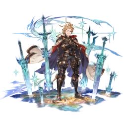 Rule 34 | 1boy, ahoge, armor, belt, black pants, blonde hair, blue eyes, cape, crossed arms, full body, granblue fantasy, greaves, looking at viewer, male focus, minaba hideo, official art, open mouth, pants, planted, planted sword, planted weapon, puddle, sheath, sheathed, seofon (granblue fantasy), smirk, smug, solo, space, standing, star (sky), sword, teeth, transparent background, weapon