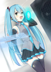 Rule 34 | 1girl, aqua eyes, aqua hair, bad id, bad pixiv id, detached sleeves, hatsune miku, highres, holographic interface, long hair, necktie, open mouth, skirt, solo, taiyaki (astre), thighhighs, twintails, very long hair, vocaloid, zettai ryouiki