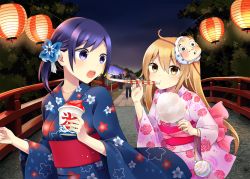 Rule 34 | 2girls, ahoge, black eyes, black hair, brown eyes, brown hair, collarbone, commentary request, cotton candy, food, hair ornament, highres, holding, japanese clothes, kimono, lampion, long hair, mask, mask on head, multiple girls, night, night sky, original, shaved ice, side ponytail, sky, summer festival, yukata, yuusa
