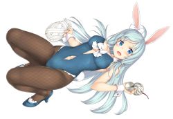 Rule 34 | 10s, 1girl, :d, ahoge, alcohol, animal ears, arifureta shokugyou de sekai saikyou, bare arms, bare shoulders, blue eyes, blue footwear, blue hair, blue leotard, blush, bow, breasts, brown pantyhose, cleavage, clothing cutout, cup, fake animal ears, fishnet pantyhose, fishnets, floating hair, hair ornament, hand up, head tilt, high heels, highres, holding, holding cup, large breasts, leotard, long hair, looking at viewer, navel, navel cutout, open mouth, pantyhose, pitcher (container), playboy bunny, rabbit ears, rabbit girl, shea haulia, simple background, smile, solo, takayaki, tareme, white background, white bow, wine, wrist cuffs
